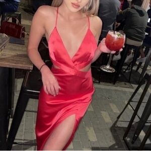 Zara satin effect cut out midi dress Hot Pink NWT